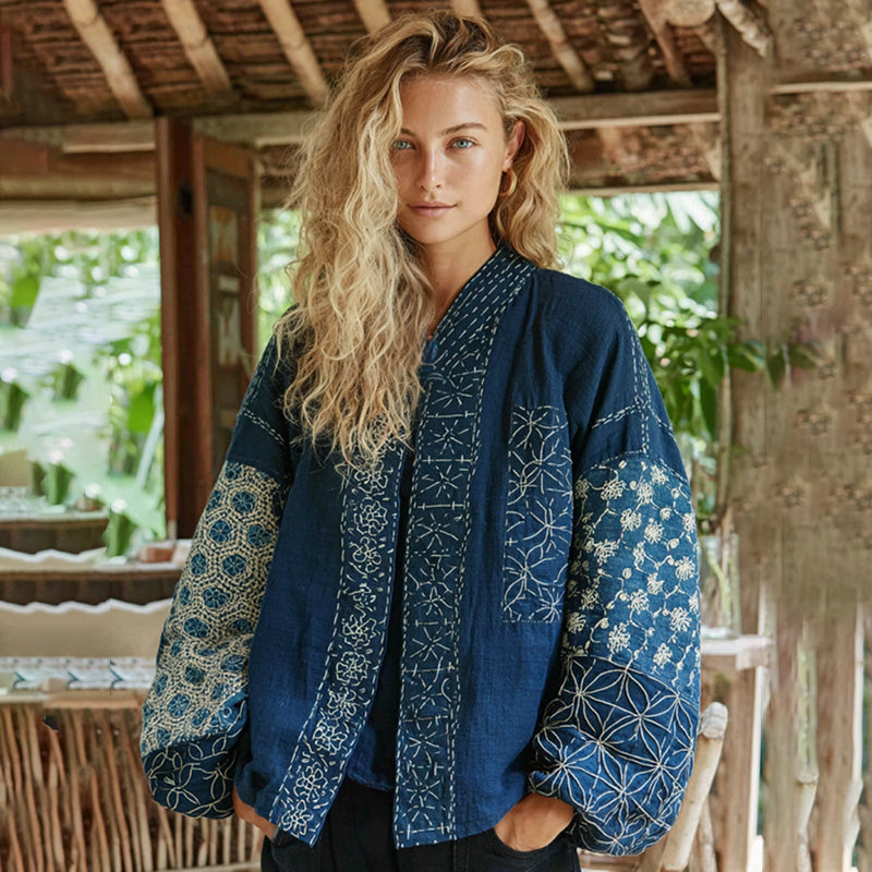 Vintage Bohemian Japanese Traditional Sashiko Art Embroidery Print Cotton And Linen Blend Kimono Cardigan artswardrobe