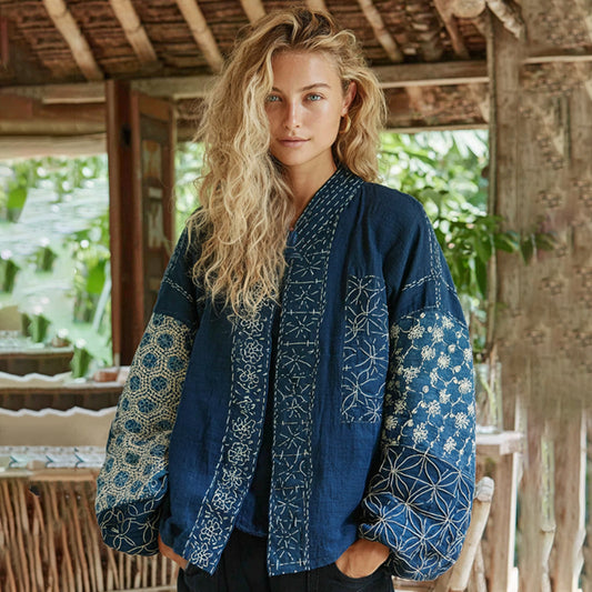 Vintage Bohemian Japanese Traditional Sashiko Art Embroidery Print Cotton And Linen Blend Kimono Cardigan artswardrobe
