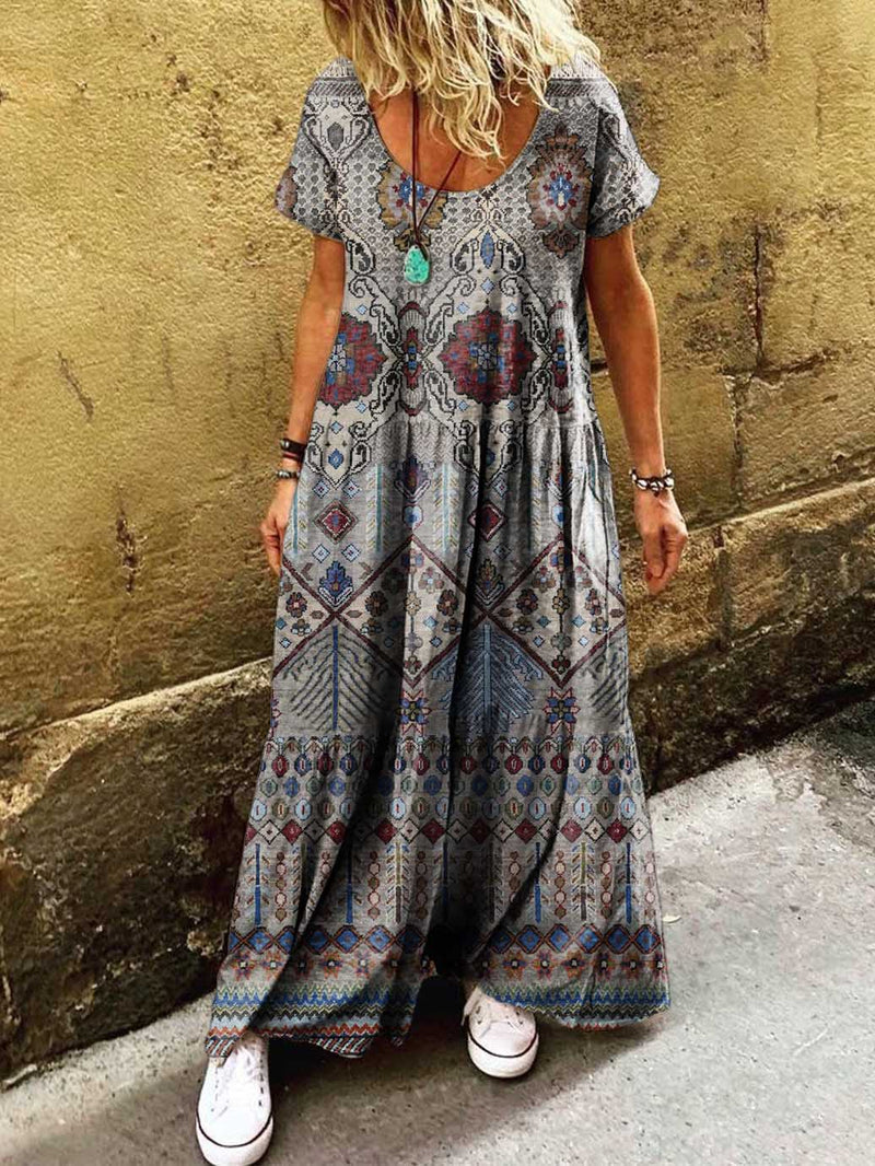 Women's Ethnic Irregular Pattern Art Print Pocket Short Sleeve Cotton