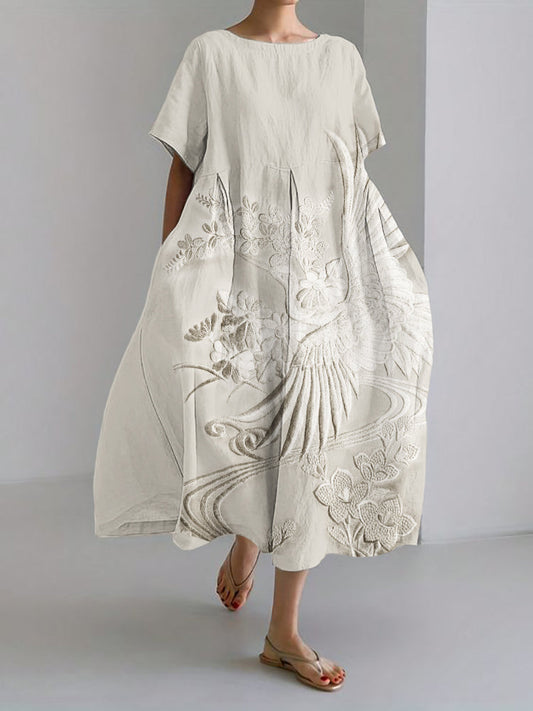 Classy Cranes Floral Japanese Embroidered Linen Blend Maxi Dress
