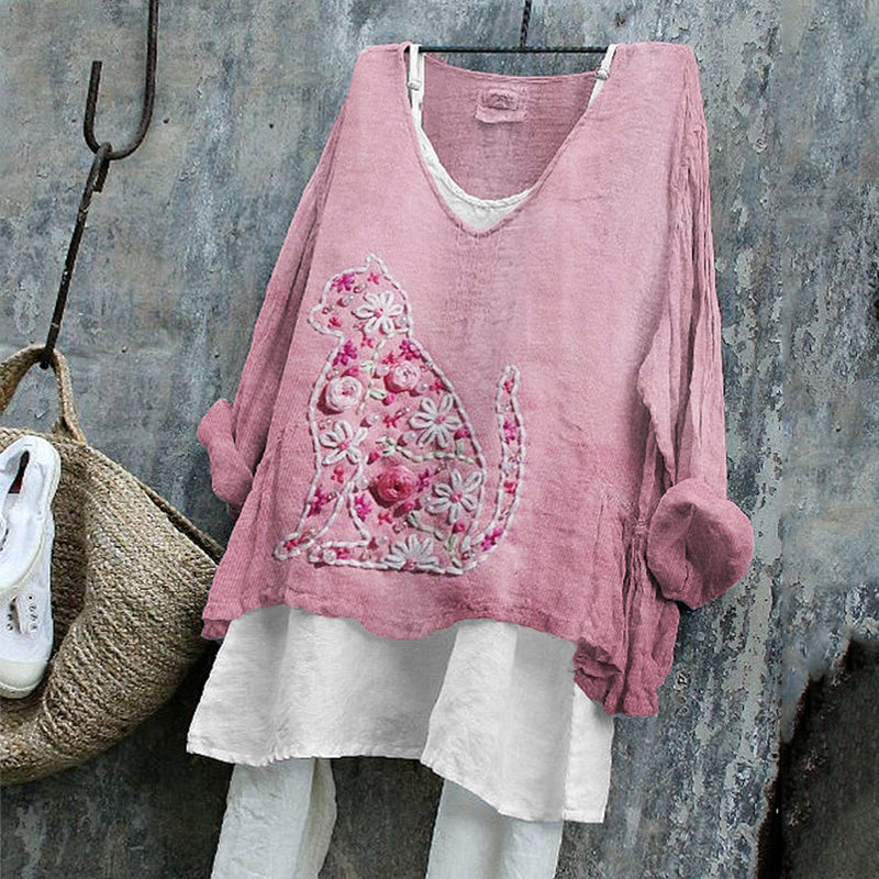 Pink Floral Cat Silhouette Embroidered Linen Tunic elevenforest