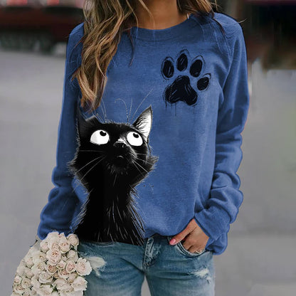Women's Cute Cat Print Casual Crew Neck Sweatshirt elevenforest
