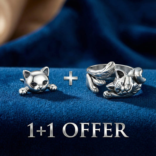 1+1 Offer: Silver Cat Earrings + Silver Cat Ring
