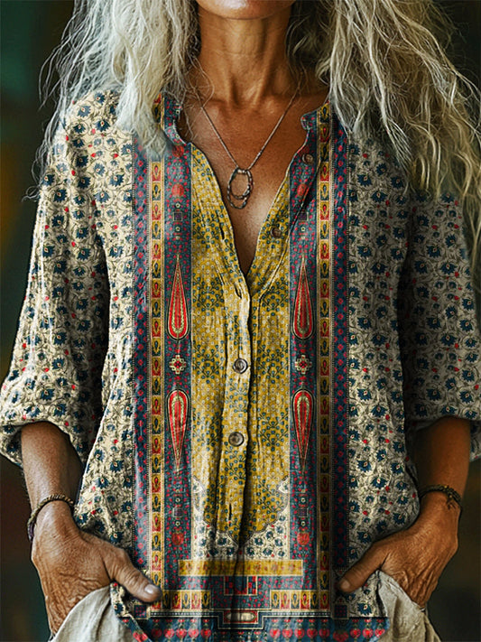 Women's Vintage Ethnic Floral Art Print Casual Cotton Linen Shirt