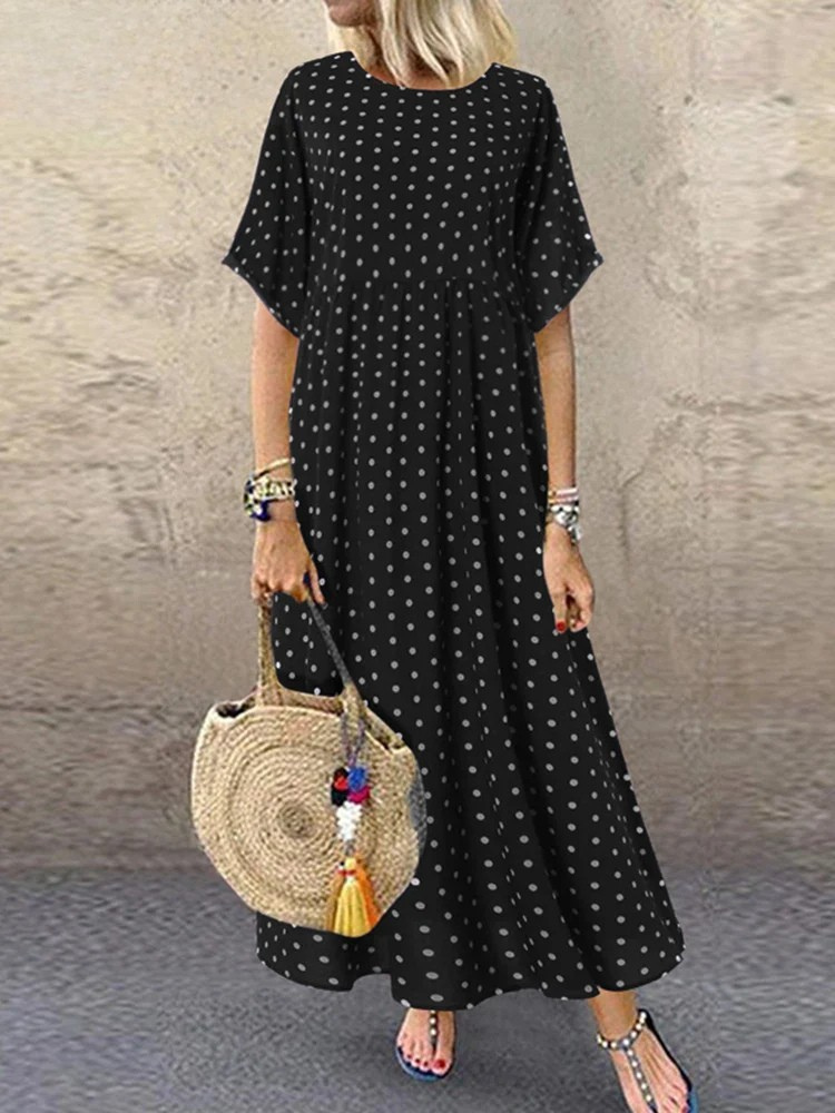 LD | Polka Dot Dames Midi Dress Bohemian Vakantie Korte Mouw O-Neck Lange Robe Vintage Los Casual A-lijn Vestidos Zomer