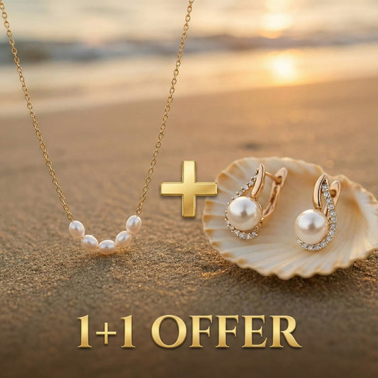 1+1 Offer: Lorelei | Buttoned Earrings With Pearl + Pearl Gold Necklace