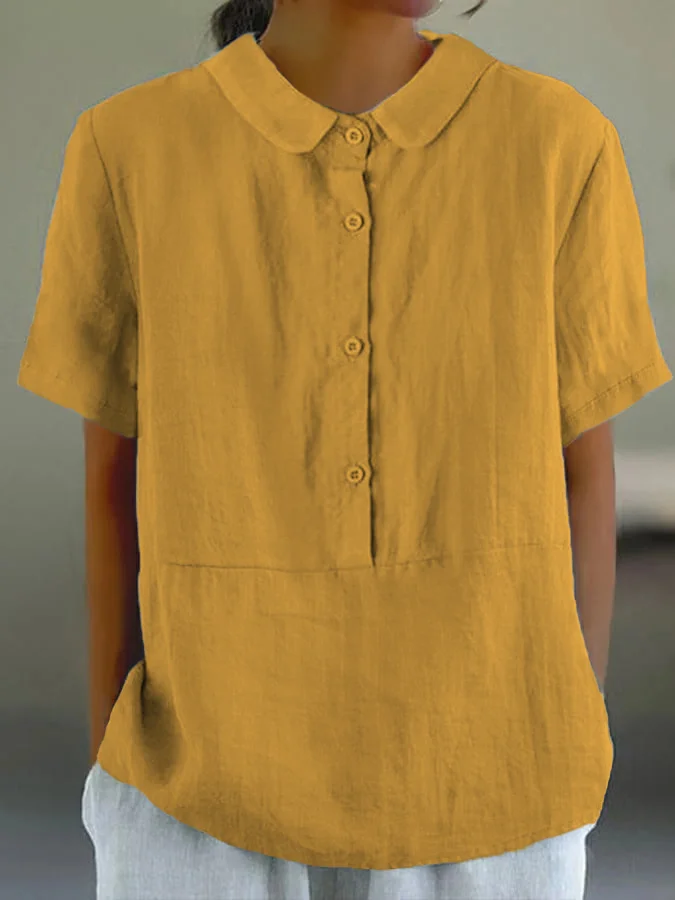 LD | Santorini - Effen casual damesshirt met ronde hals en knoopjes.
