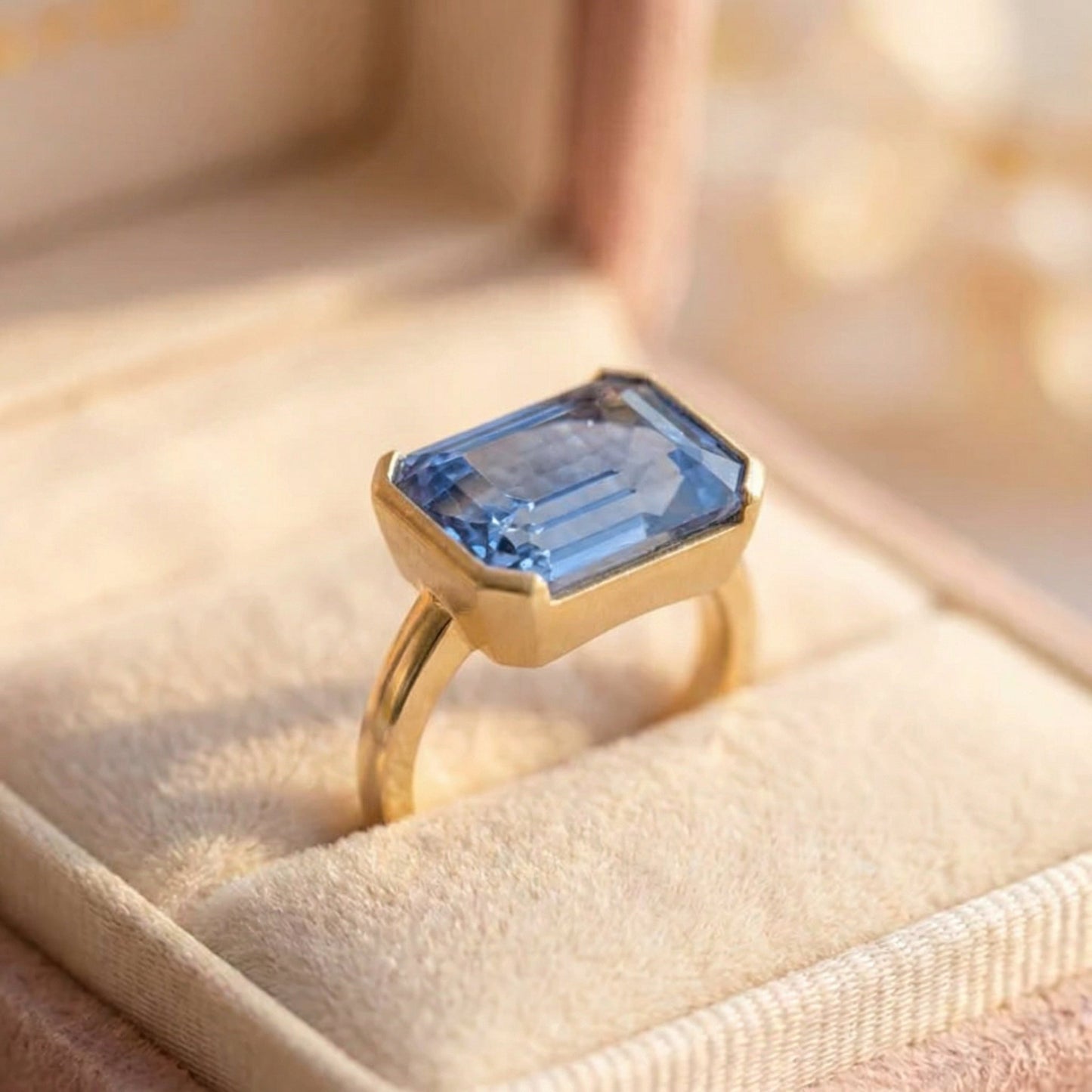 Vintage Rectangular Blue Glass Gold Ring