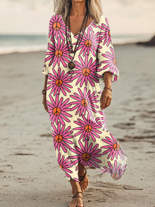 Women's Hippie Floral Art Print Pocket Cotton Dress