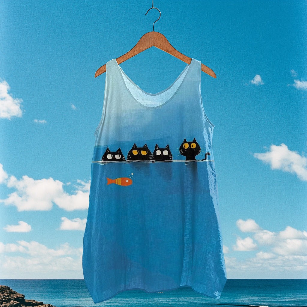 Women's Retro Funny Cat And Fish Art Pattern V-neck Vest elevenforest