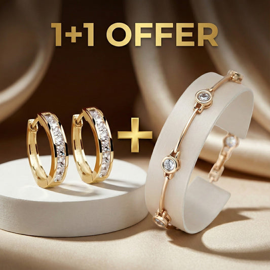 1+1 Offer: Gold and Crystal Earrings + Bracelet With Zirconias in Gold
