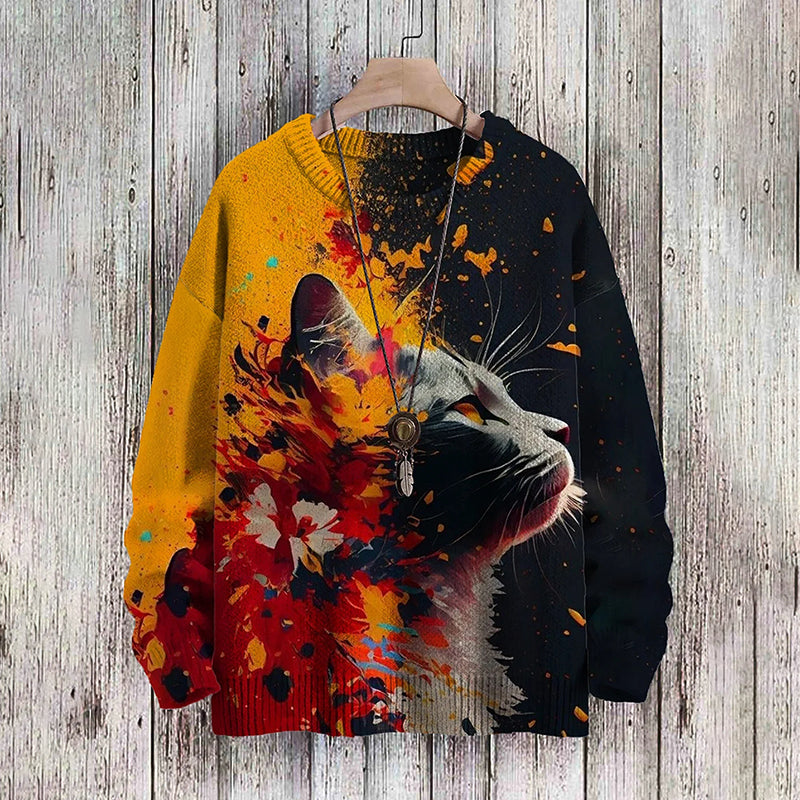 Retro Colorful Cat Print Casual Knit Pullover Sweater elevenforest
