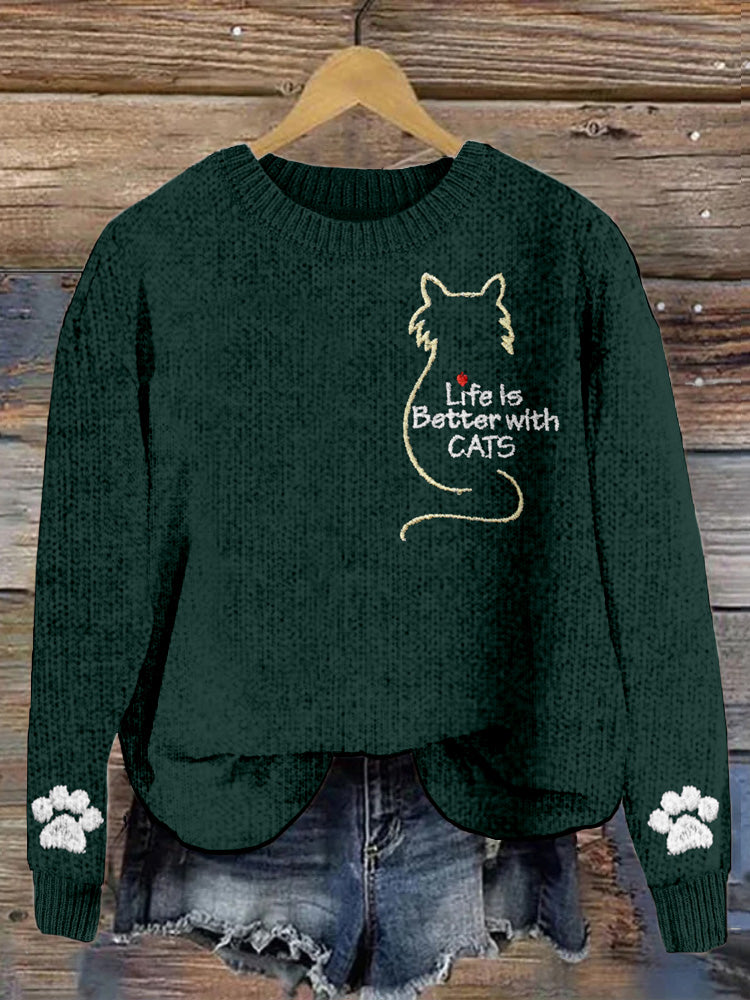 Life Is Better With Cats Embroidered Warm Sweater elevenforest