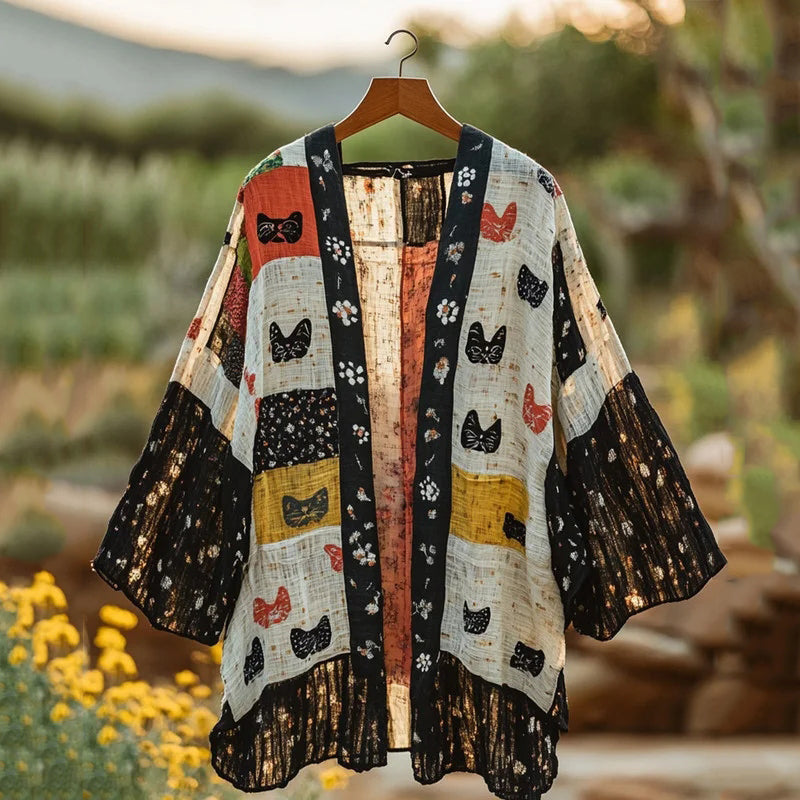 Summer Farm Cat Natural Patchwork Linen Kimono elevenforest