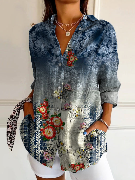Women's Vintage Floral Art Print Casual Cotton Shirt