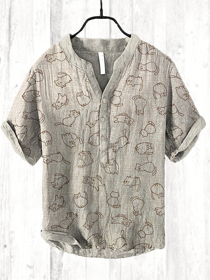 Vintage Japanese Cats Printed Casual Cozy Cotton Linen Shirt elevenforest