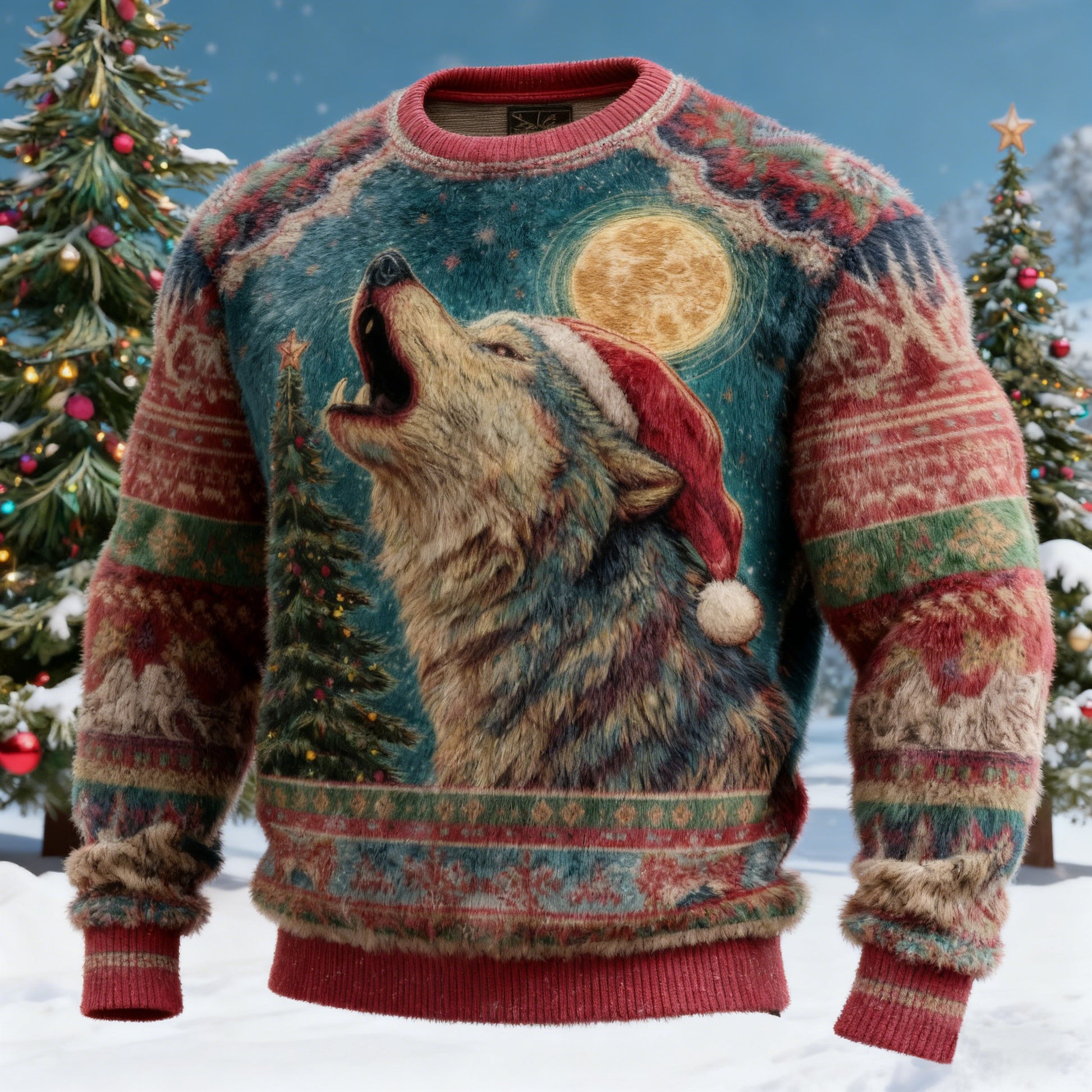 Comstylish Men's Retro Viking Christmas Wolf Art Crew Neck Flannel Sweatshirt