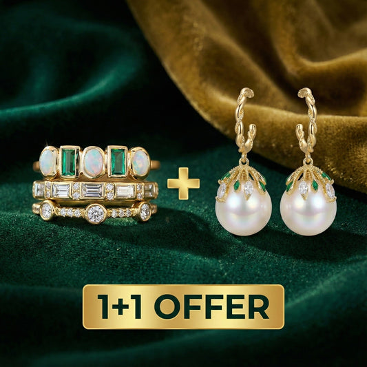 1+1 Offer: Malia Pearl Earrings + Ring Set With White and Green Opal