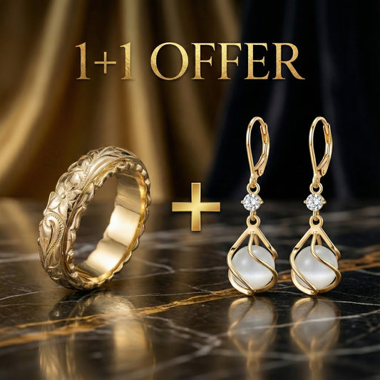 1+1 Offer: Gold Ring With Natural Pattern + White Opal Dangling Golden Earrings