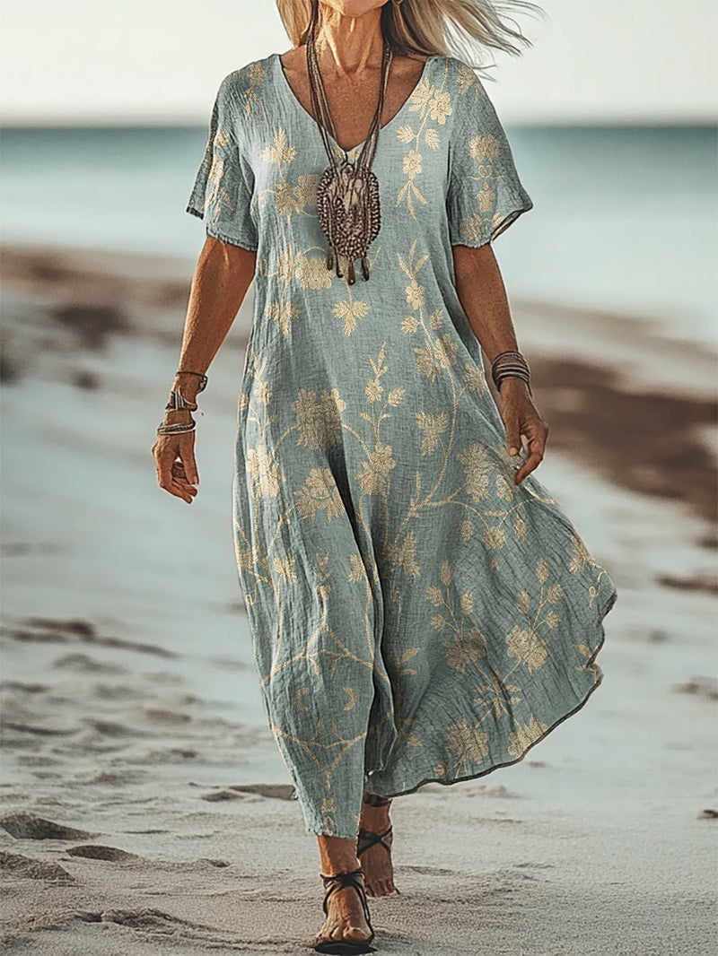 Women's Simple Flower Art Print V Neck Pocket Cotton Dress