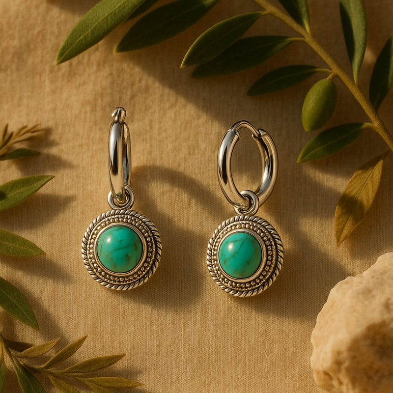 Turquoise Coin Hoop Silvered Earrings
