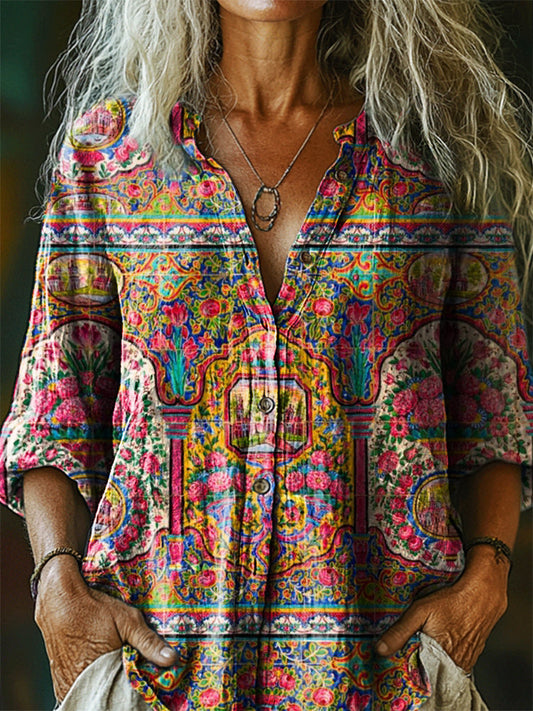 Women's Vintage Ethnic Floral Art Print Casual Cotton Linen Shirt