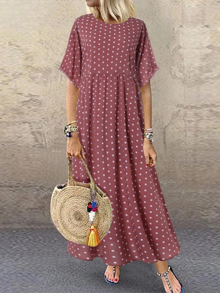 LD | Polka Dot Dames Midi Dress Bohemian Vakantie Korte Mouw O-Neck Lange Robe Vintage Los Casual A-lijn Vestidos Zomer