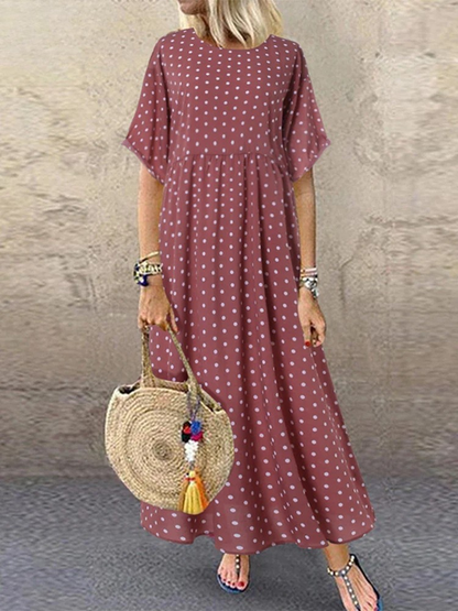 LD | Polka Dot Dames Midi Dress Bohemian Vakantie Korte Mouw O-Neck Lange Robe Vintage Los Casual A-lijn Vestidos Zomer