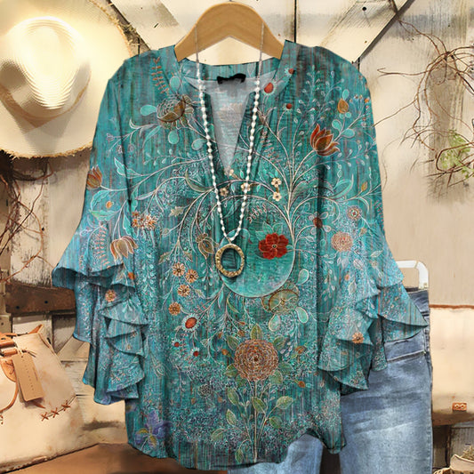 Women's Vintage Floral Art Print Casual Cotton And Linen Shirt