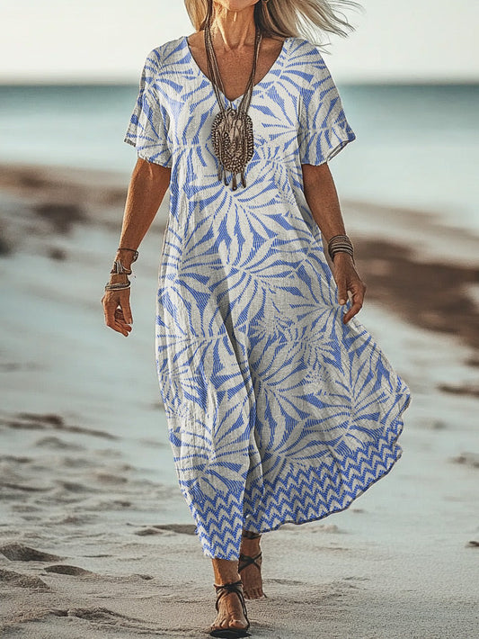 Women's Art Floral Hippie Vintage Print V Neck Dress