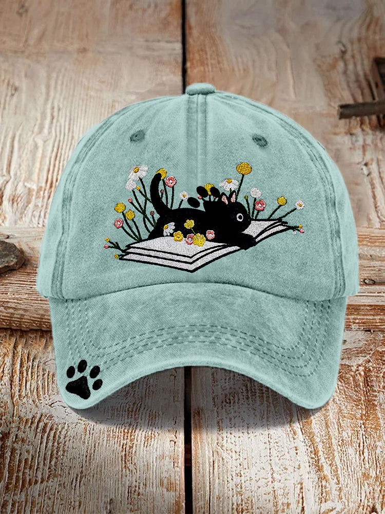 Cute Lying On The Book Cat Embroidered Art Cap elevenforest