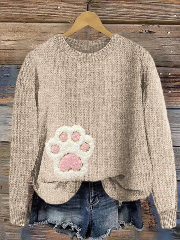 Fuzzy Cat Paw Fleece Applique Cozy Knit Sweater elevenforest