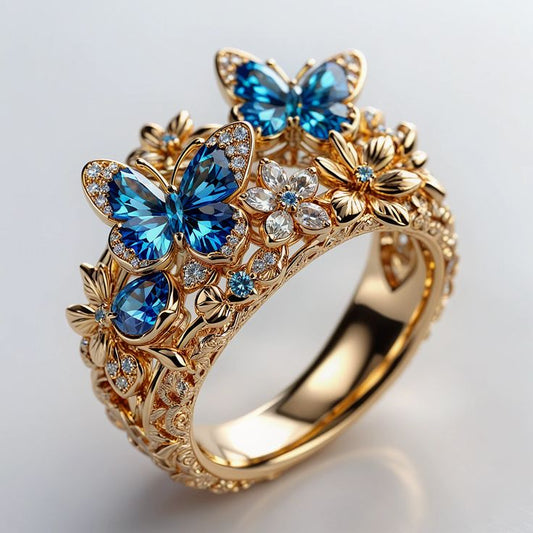 Nature Floral Exotic Gold Blue Ring