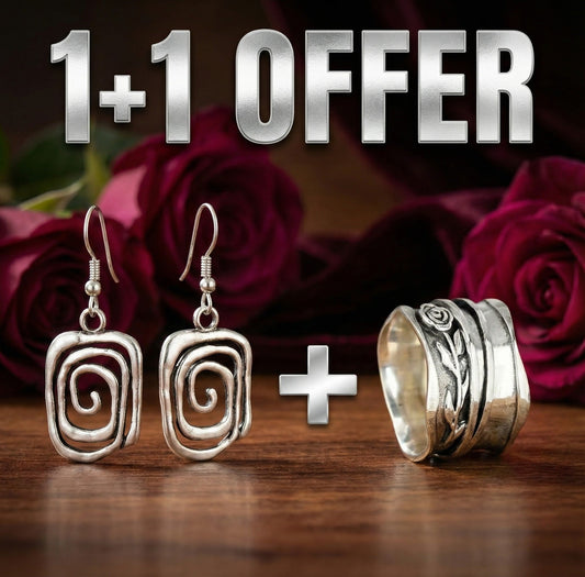 1+1 Offer: Spiral Earrings in Silver + Silver Flower Ring
