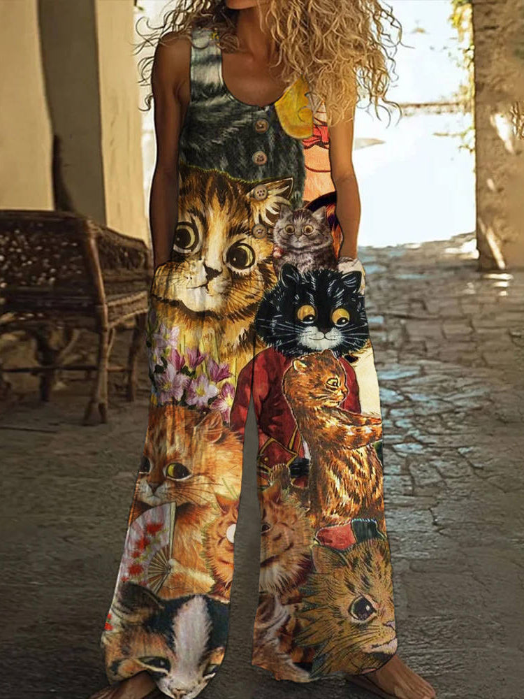 Vintage Cat Print Women's Linen Vest Jumpsuit elevenforest