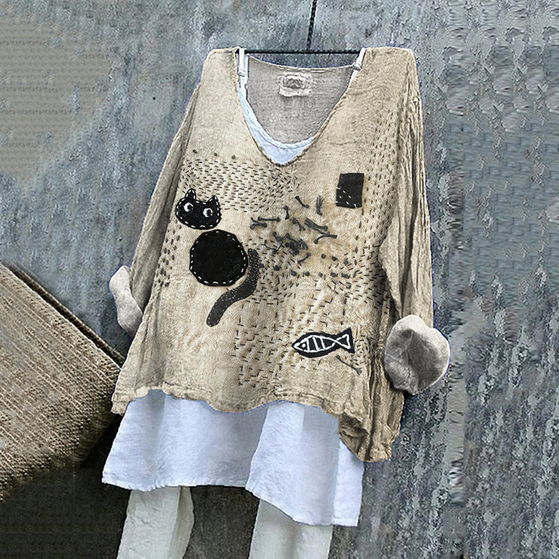 Vintage Abstract Cat Sashiko Art Linen Blend Blouse elevenforest