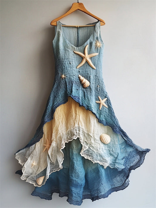 Starfish & Sea Shells Embroidered Sea Waves Layered Flowy Linen Dress artswardrobe