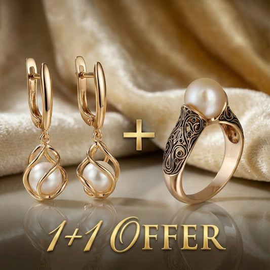 1+1 Offer: Gold Pearl Earrings + Gold Ring With a Fancy Pearl