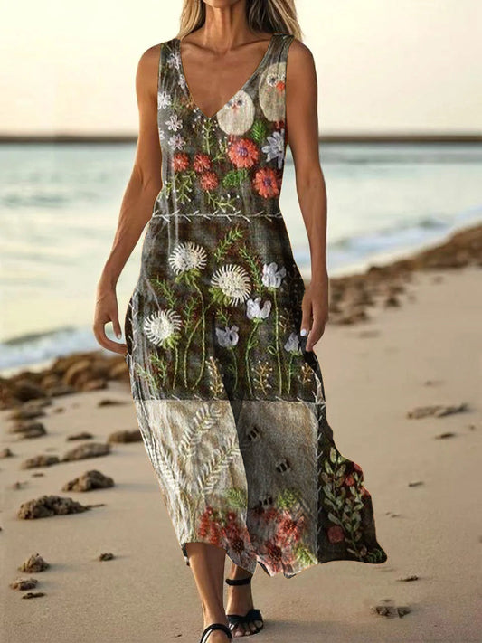 Women's Bohemian Floral Art Print Pocket Cotton Dress