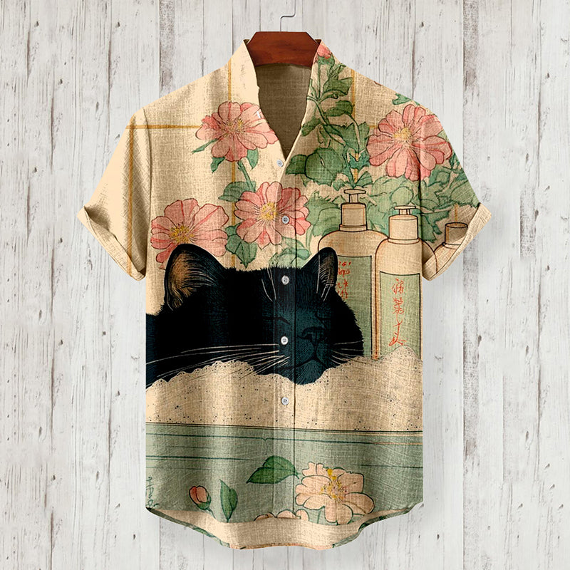 Black Cat In A Bathtub Japanese Art Linen Shirt elevenforest