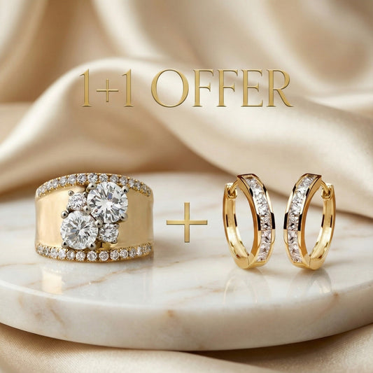 1+1 Offer: Golden Bright Zirconia Ring + Gold and Crystal Earrings