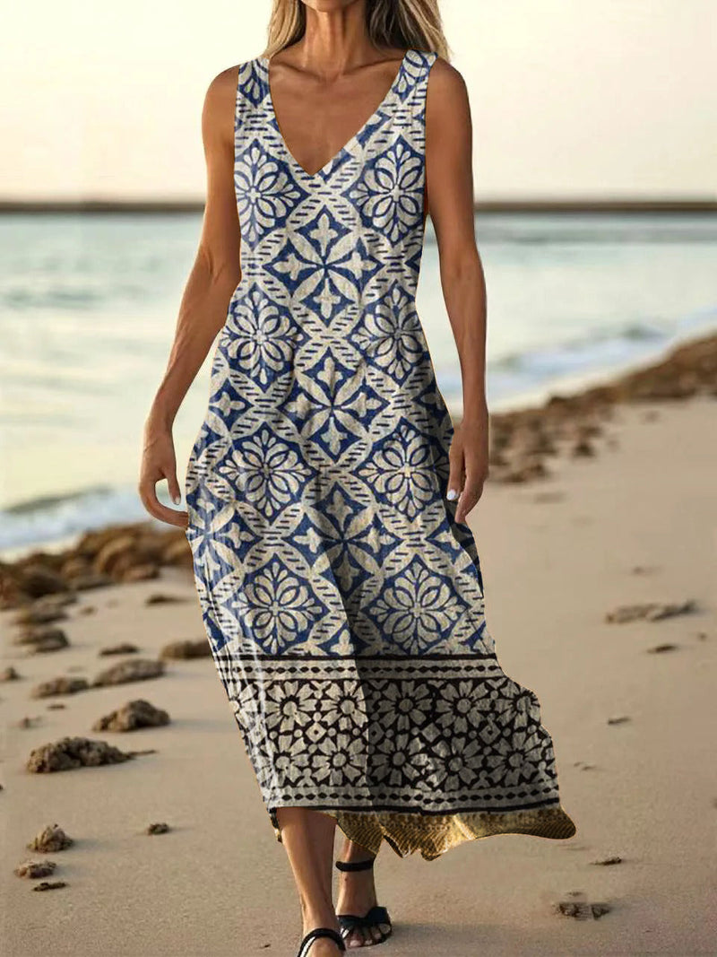 Women's Vintage Ethnic Floral Art Print Pocket Cotton Dress