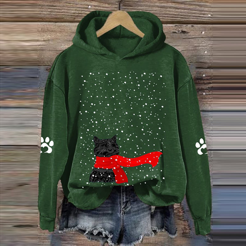 Women's Black Cat Snow Printed Sweatshirt elevenforest