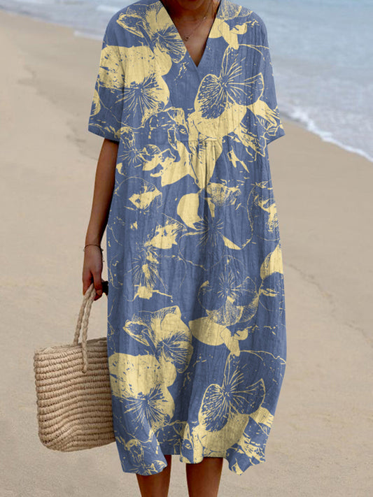 Gradient Floral Pattern V-Neck Women'S Dress