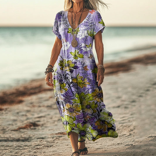 Women's Folk Flower Art Print V Neck Pocket Cotton Dress