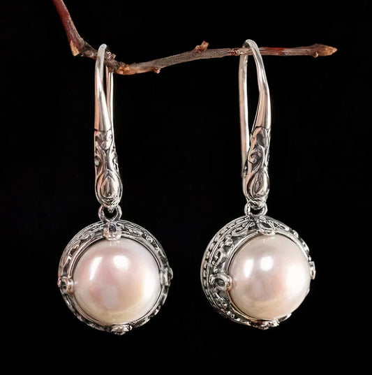 Inlaid Silver Pearl Earrings