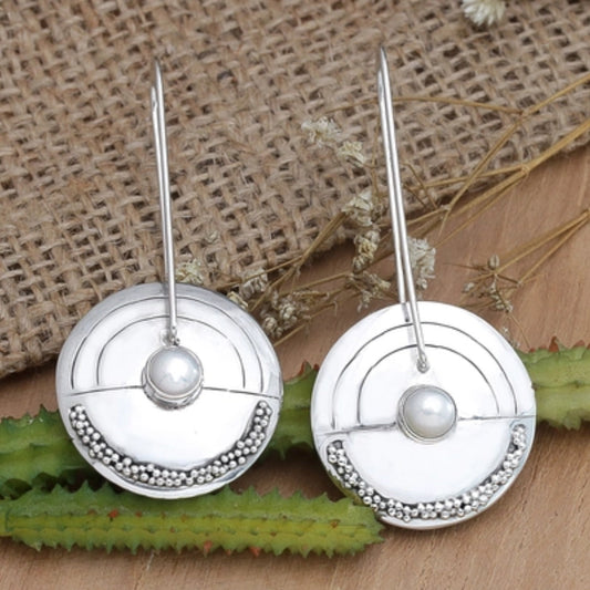 Rounded Inlaid Pearl Silver Earrings