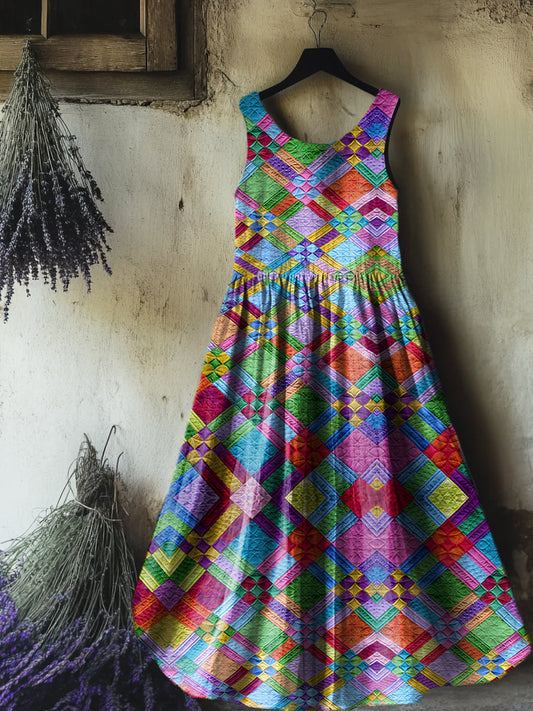 Women's Colorful Diamond Pattern Art Print Round Neck Sleeveless Cotto