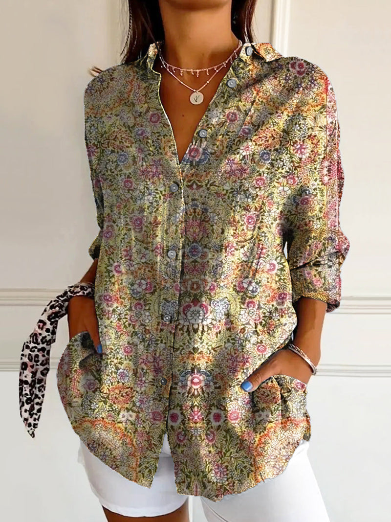 Women's Vintage Ethnic Floral Art Print Casual Cotton Shirt