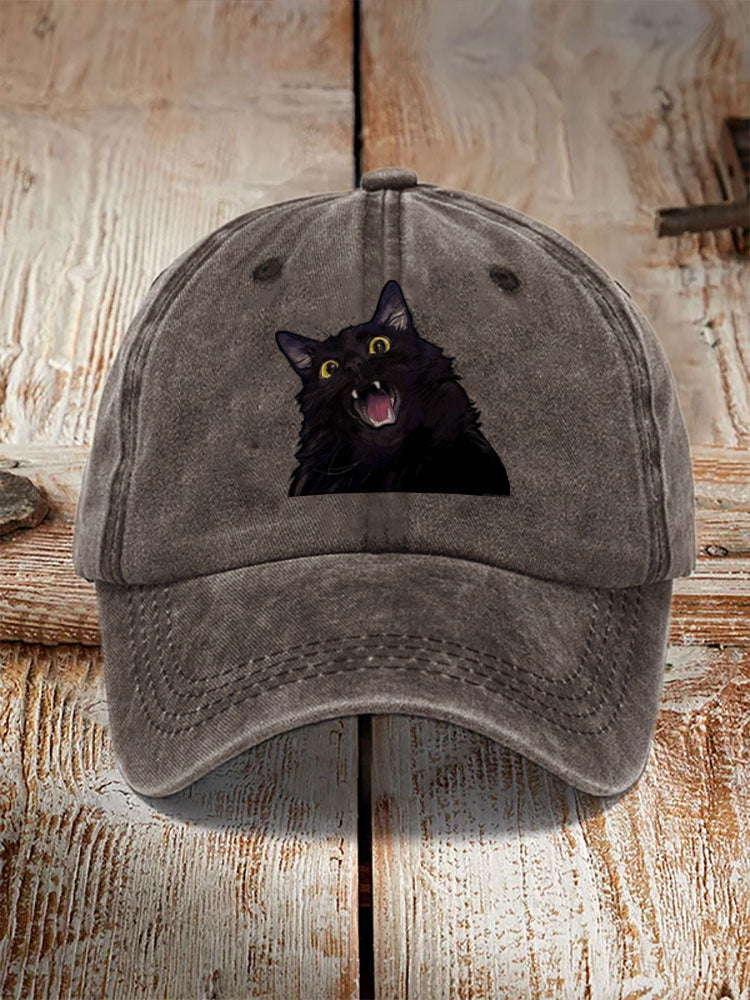 Japanese Art Black Cat Print Washed Hat elevenforest